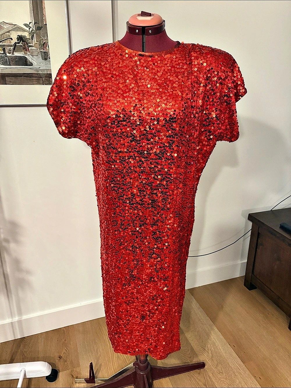 Vintage Cathy Hardwick Red Sequin Silk Midi Dress Size P Like New